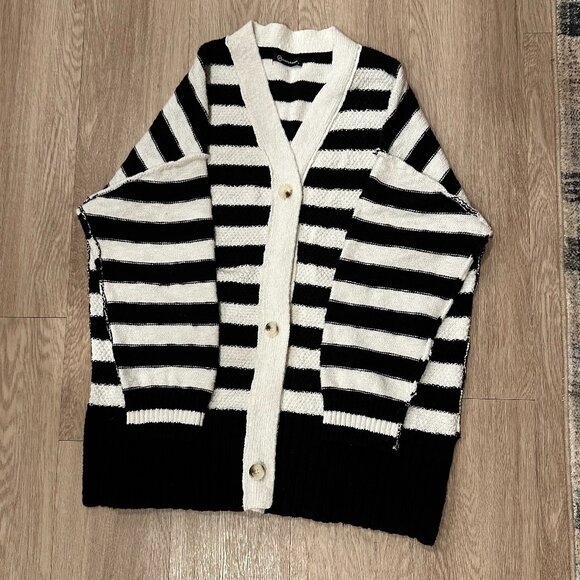 Striped Cardigan Sweater, Long Sleeve Button Down Open Front, Oversized - Picture 2 of 4